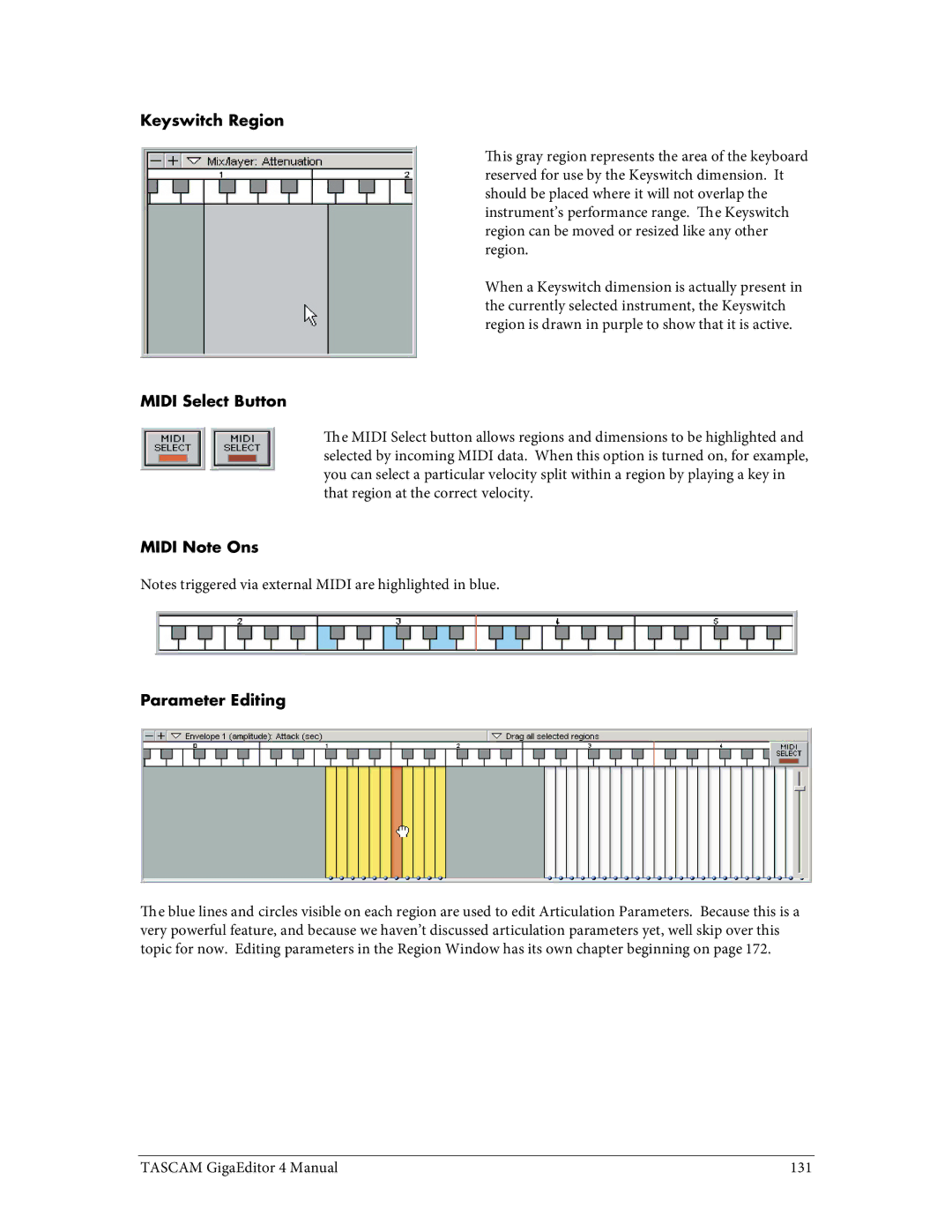 Tascam 4 user manual Keyswitch Region, Midi Select Button, Midi Note Ons Parameter Editing 