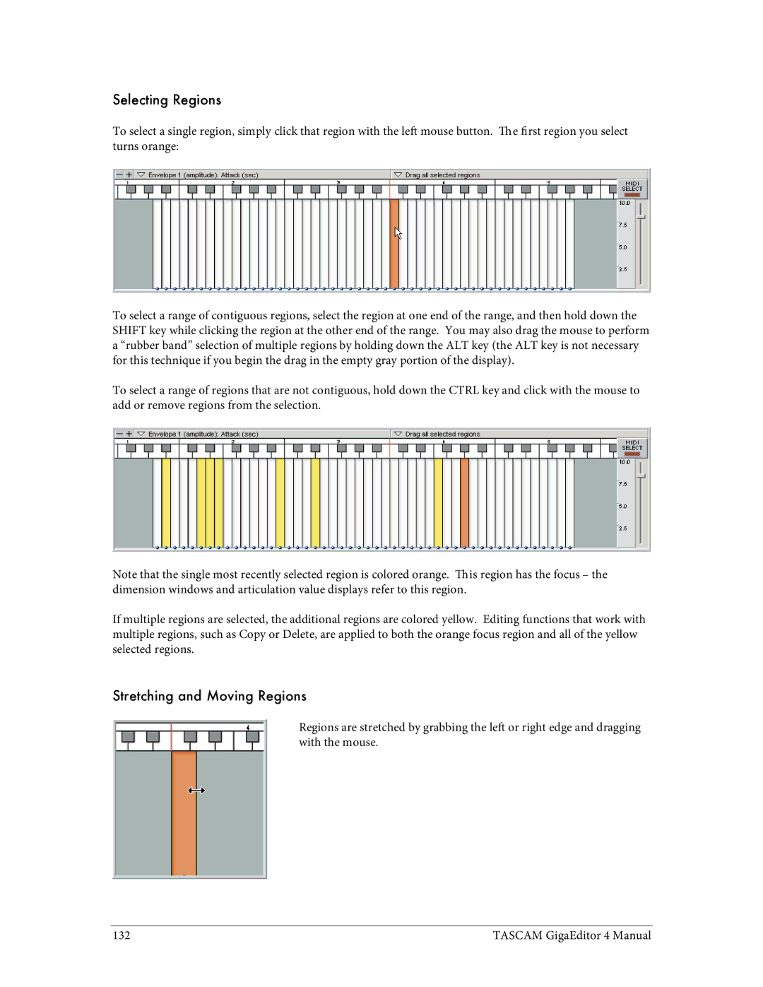 Tascam 4 user manual Selecting Regions, Stretching and Moving Regions 