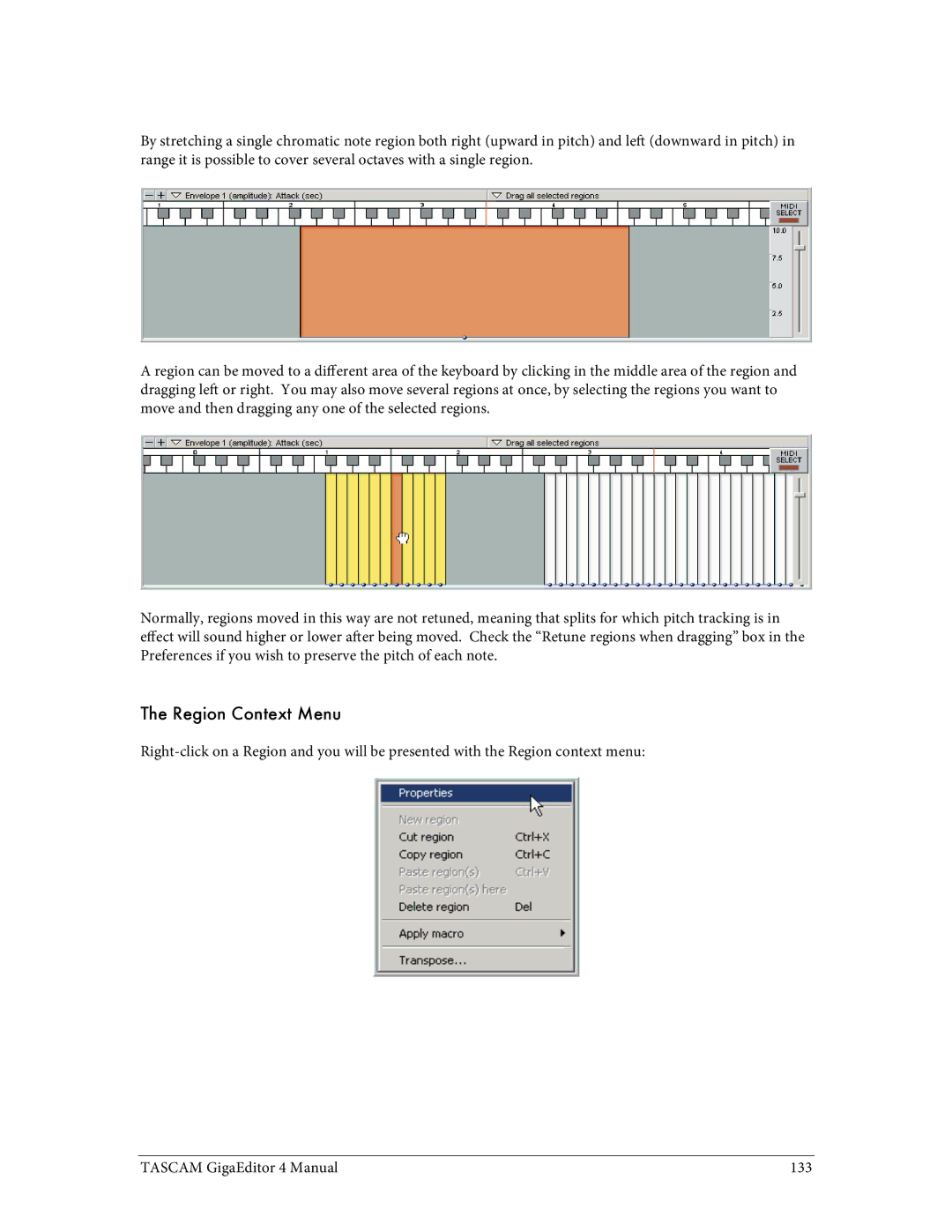 Tascam 4 user manual Region Context Menu 