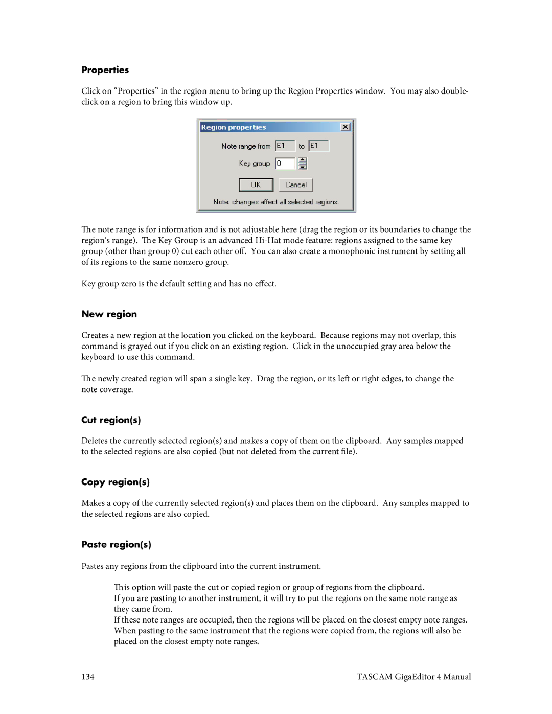 Tascam 4 user manual Properties, New region, Cut regions, Copy regions, Paste regions 