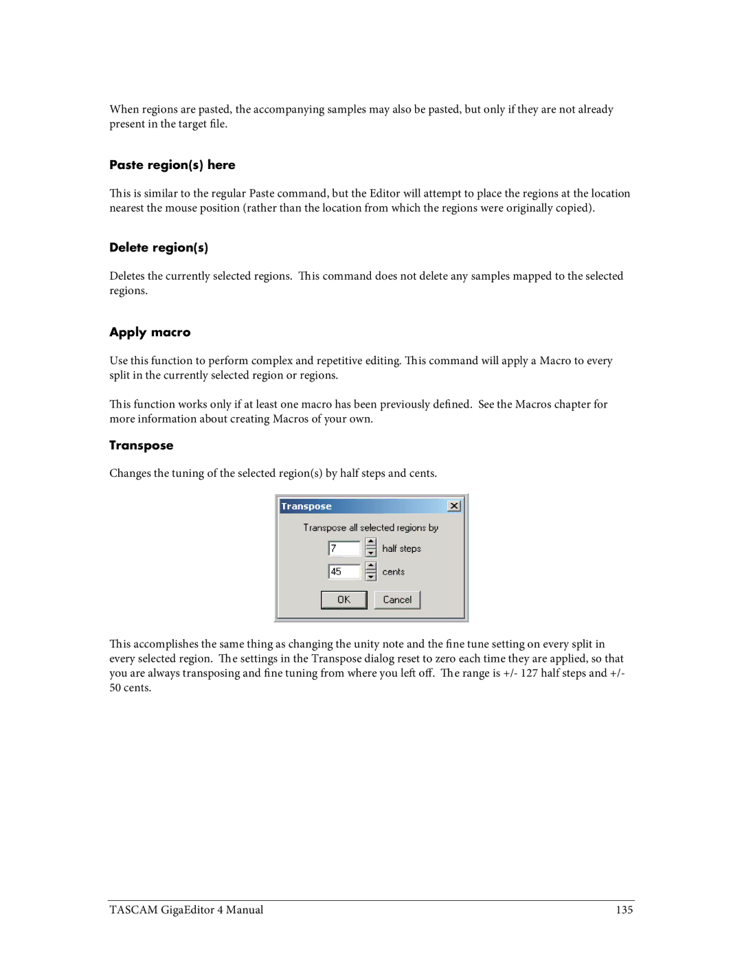 Tascam 4 user manual Paste regions here, Delete regions, Apply macro, Transpose 