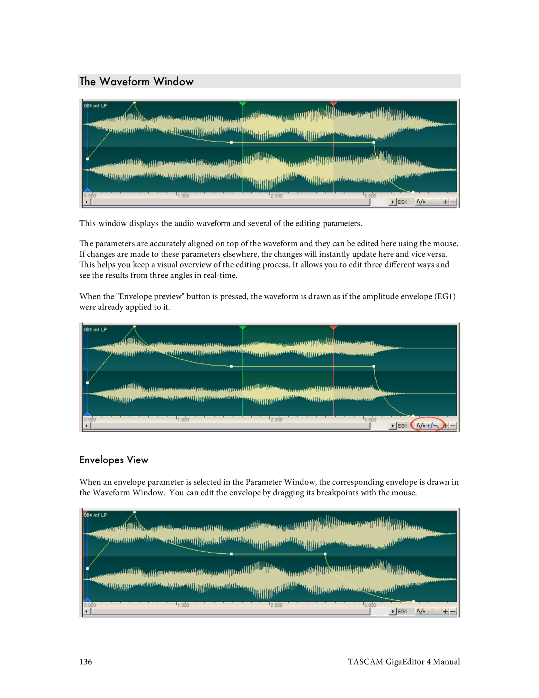 Tascam 4 user manual Waveform Window, Envelopes View 