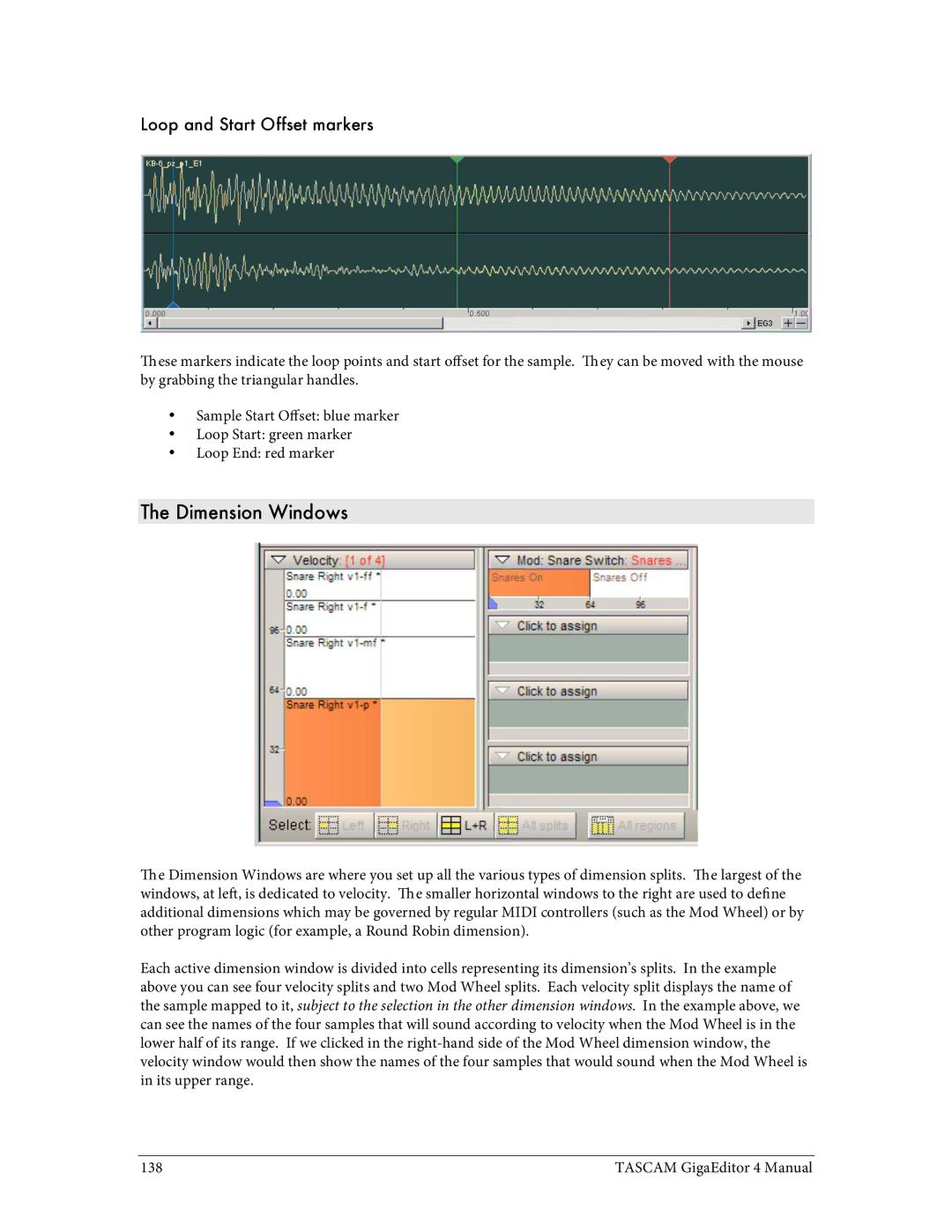 Tascam 4 user manual Dimension Windows, Loop and Start Offset markers 