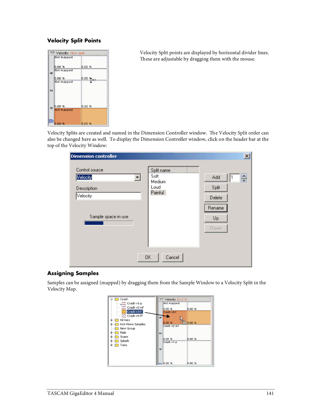 Tascam 4 user manual Velocity Split Points, Assigning Samples 