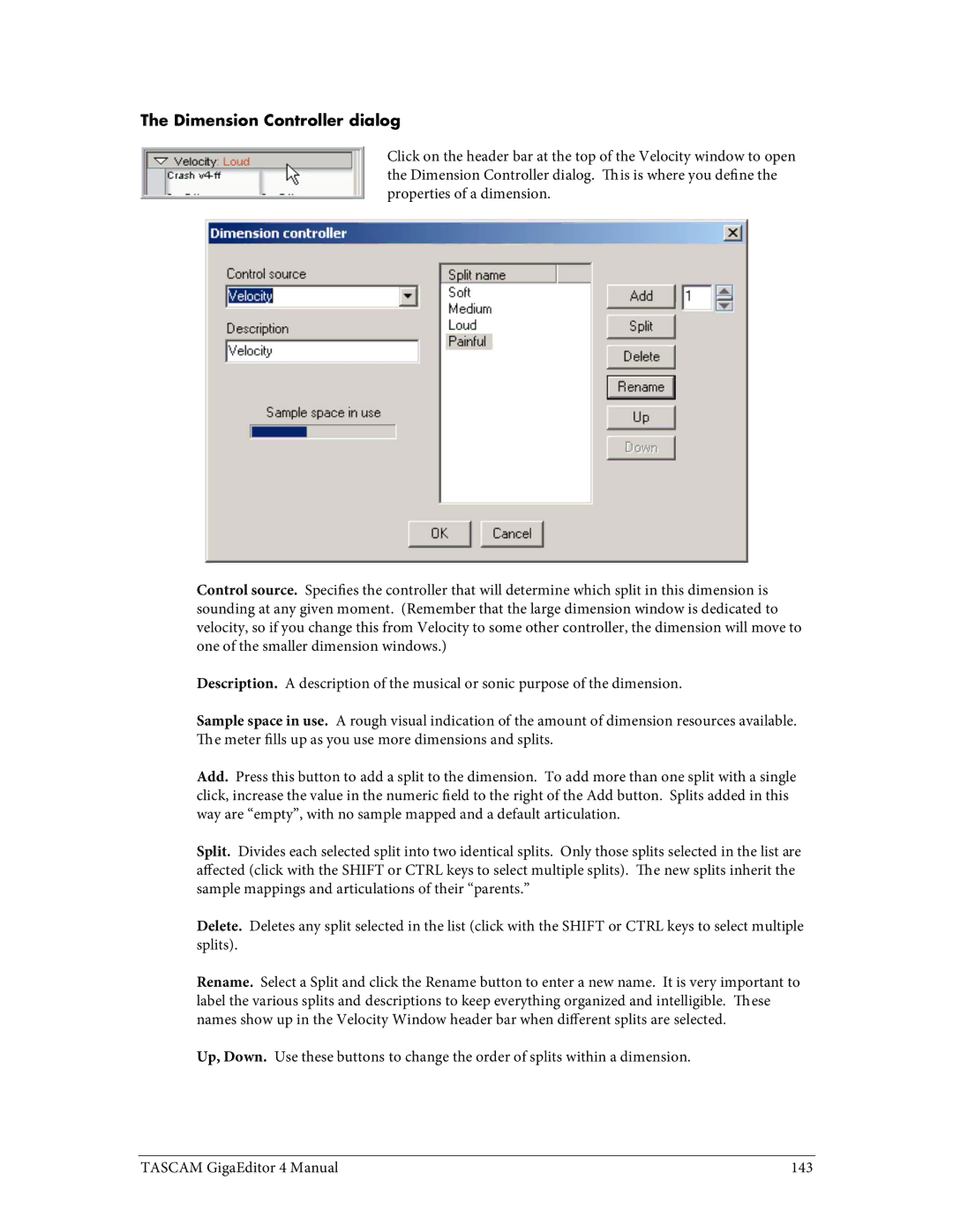 Tascam 4 user manual Dimension Controller dialog 