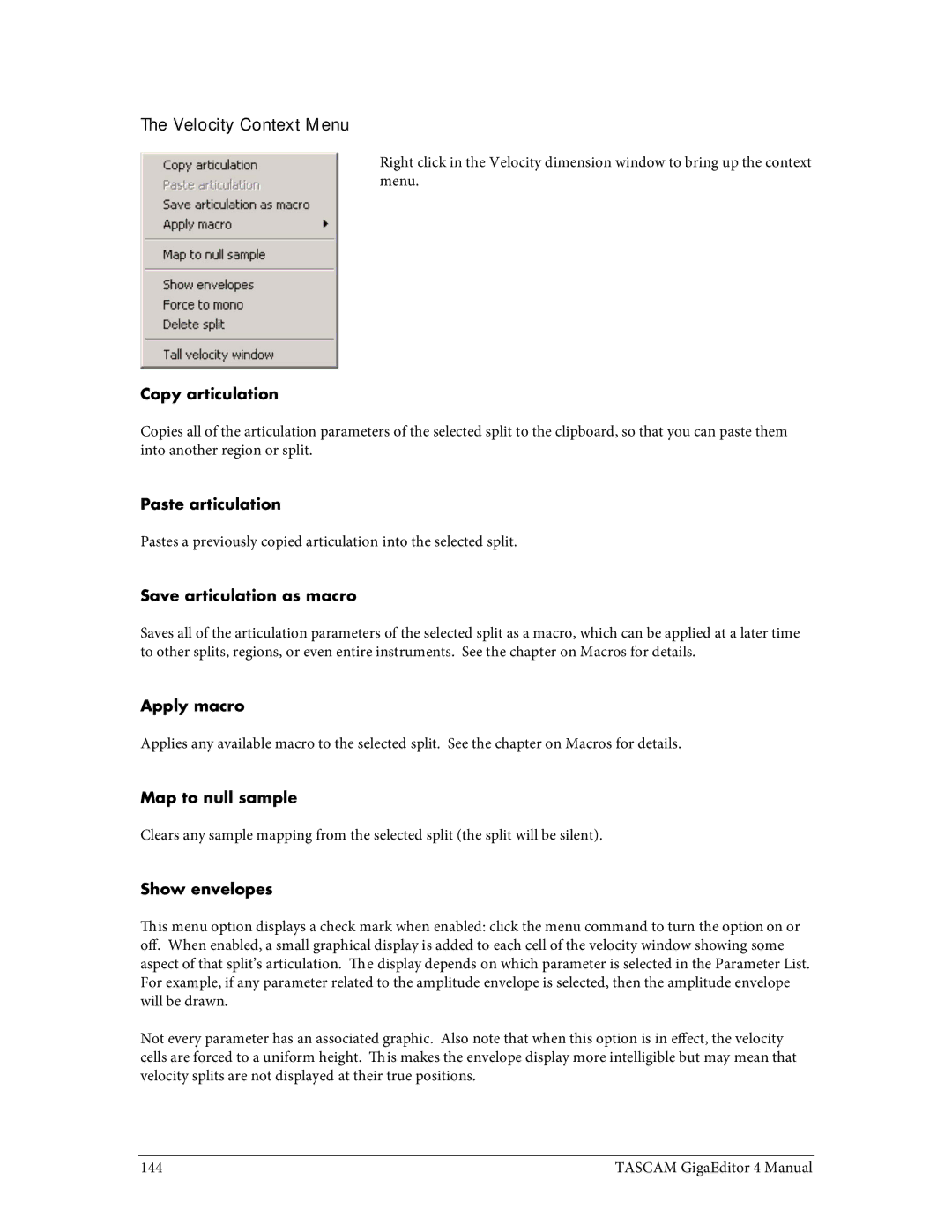 Tascam 4 Velocity Context Menu, Copy articulation, Paste articulation, Save articulation as macro, Show envelopes 