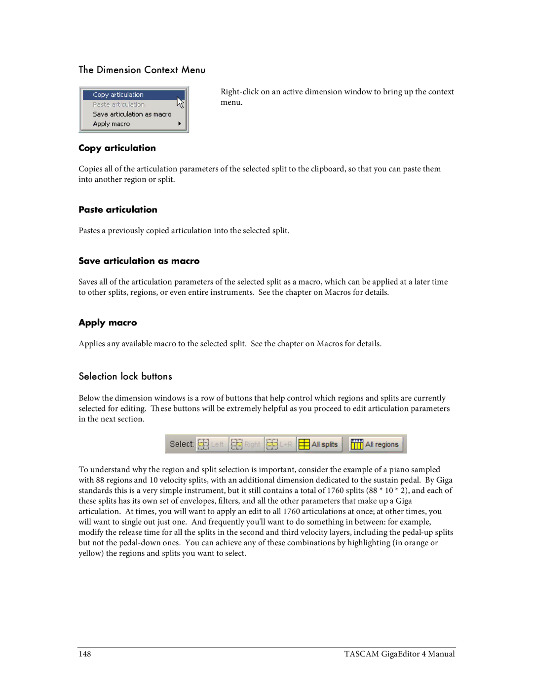 Tascam 4 user manual Dimension Context Menu, Selection lock buttons 