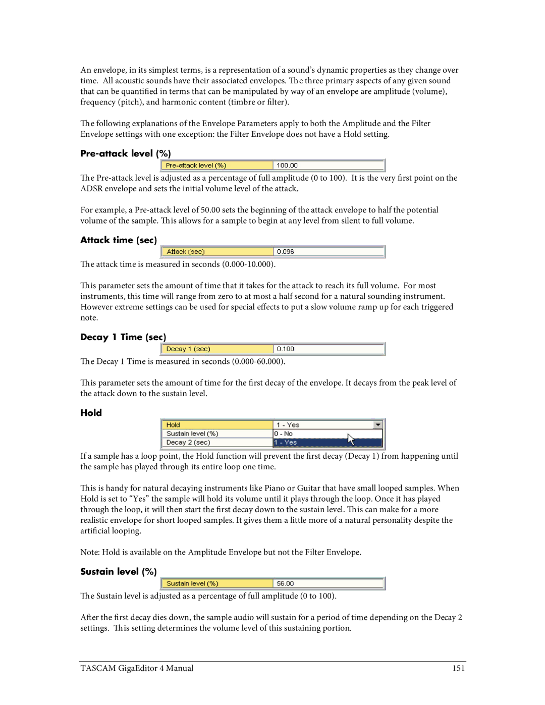 Tascam 4 user manual Pre-attack level %, Attack time sec, Decay 1 Time sec, Hold, Sustain level % 