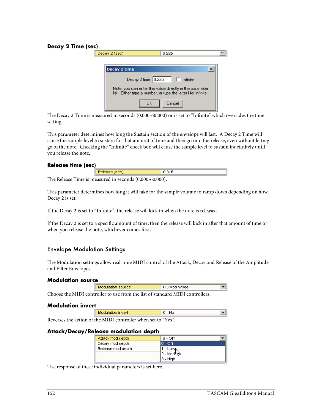 Tascam 4 user manual Envelope Modulation Settings 