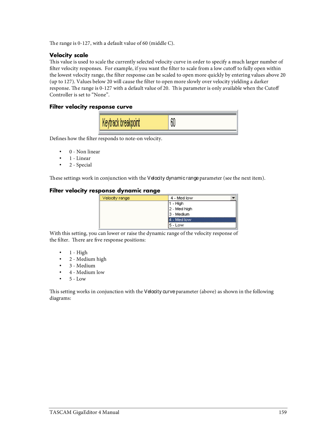 Tascam 4 user manual Velocity scale, Filter velocity response curve, Filter velocity response dynamic range 