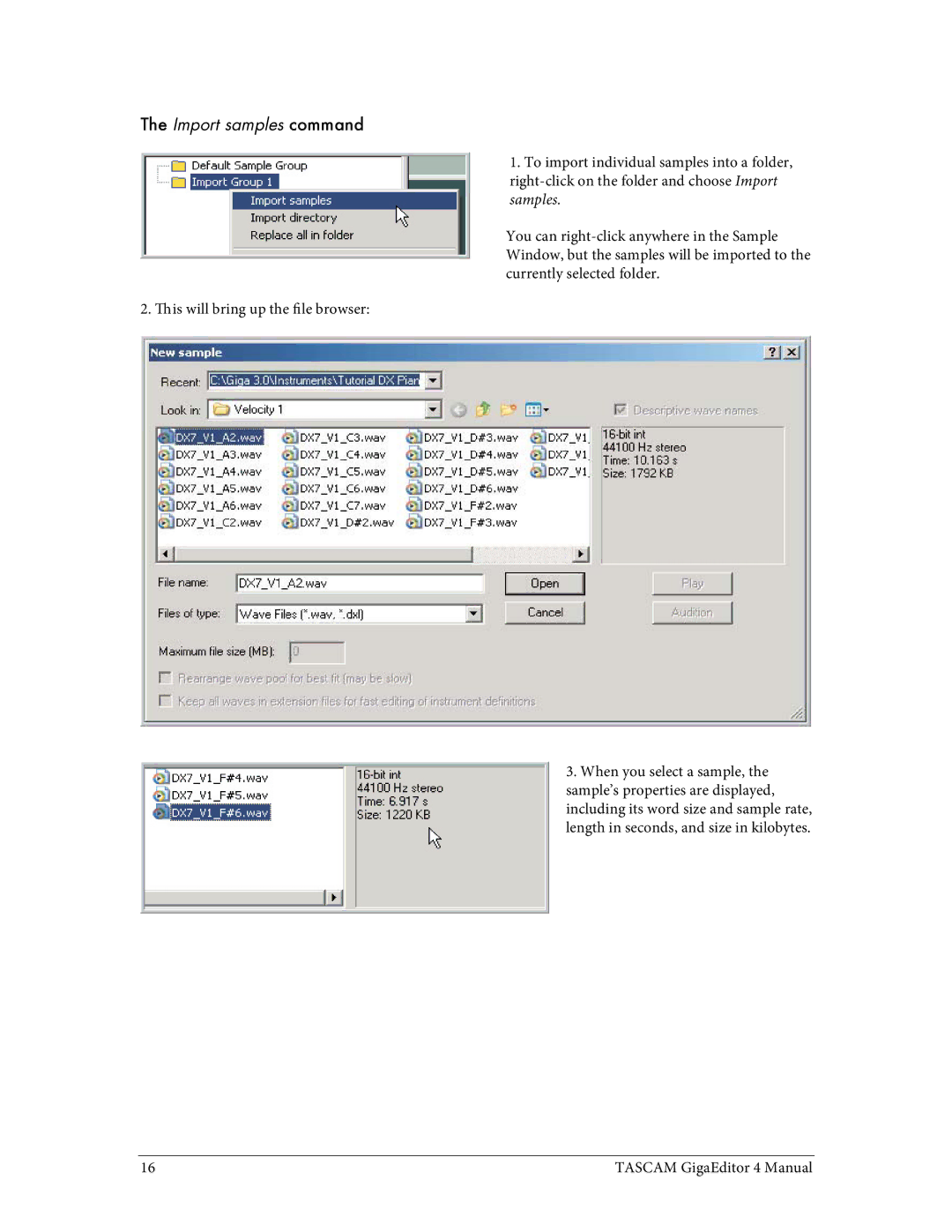 Tascam 4 user manual Import samples command 