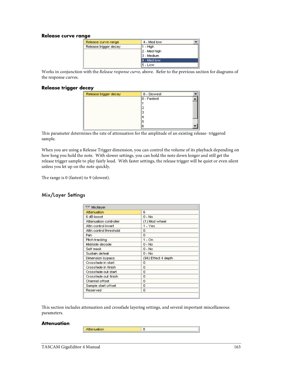 Tascam 4 user manual Mix/Layer Settings, Release curve range, Release trigger decay, Attenuation 