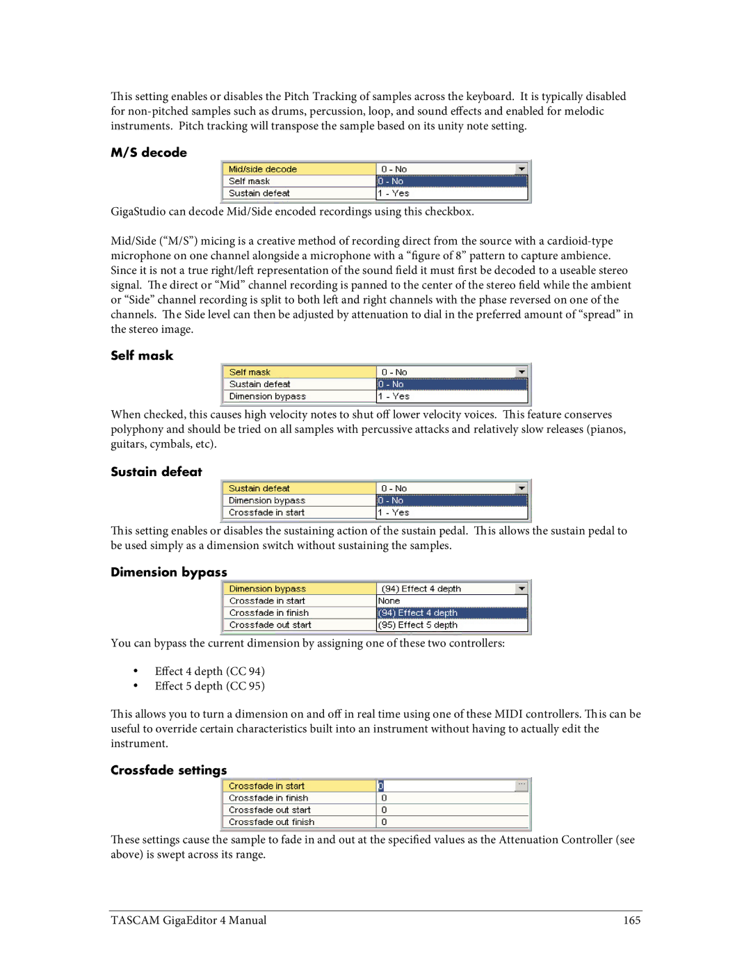 Tascam 4 user manual Decode, Self mask, Sustain defeat, Dimension bypass, Crossfade settings 