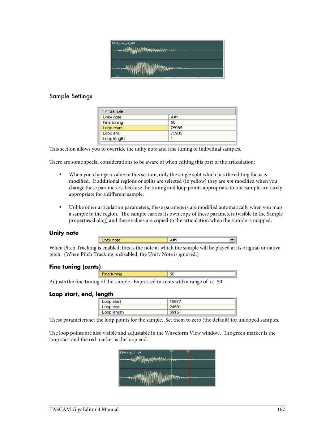 Tascam 4 user manual Sample Settings, Unity note, Fine tuning cents, Loop start, end, length 