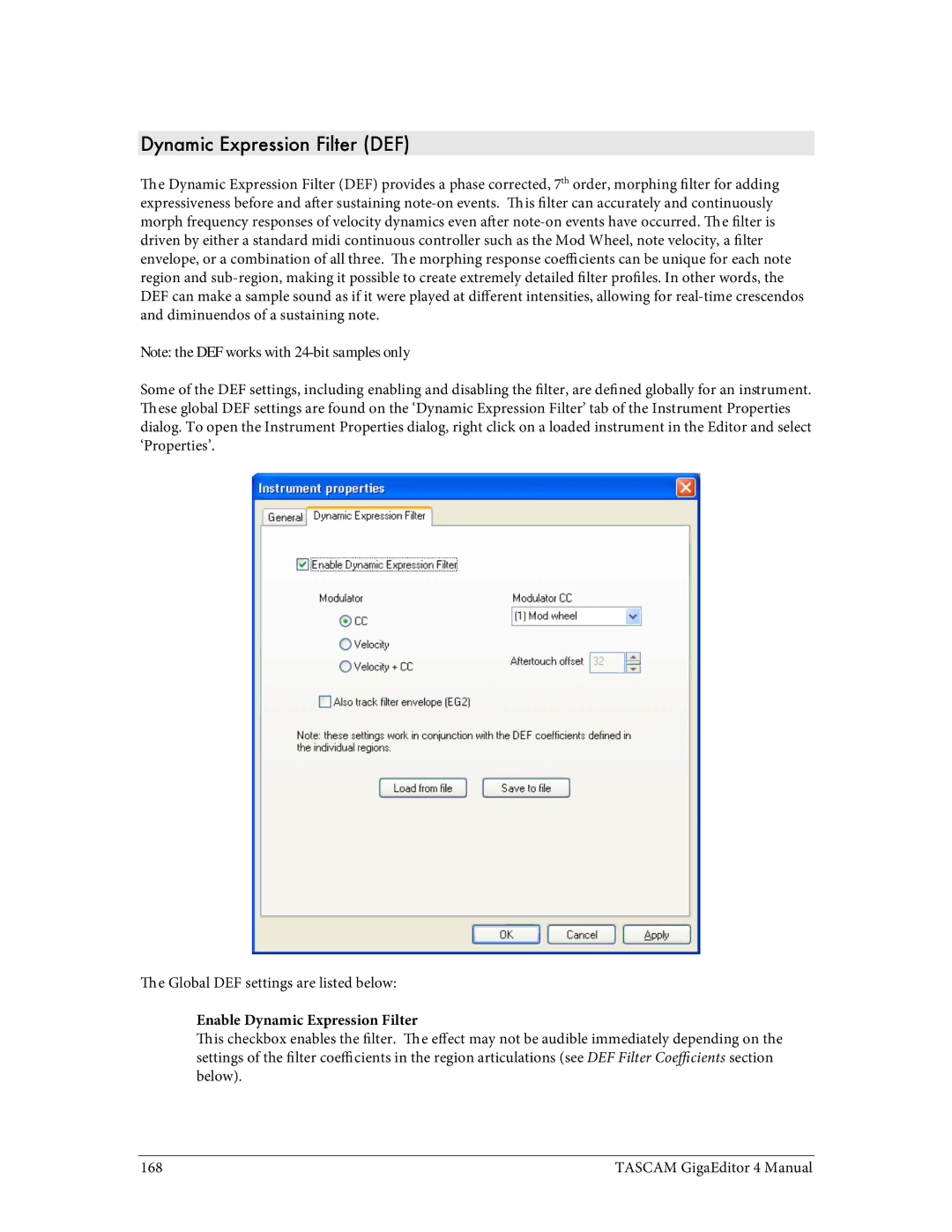 Tascam 4 user manual Dynamic Expression Filter DEF, Enable Dynamic Expression Filter 