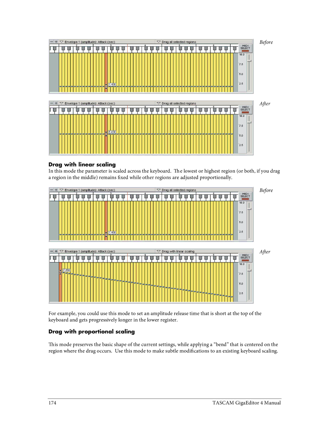 Tascam 4 user manual Drag with linear scaling, Drag with proportional scaling 