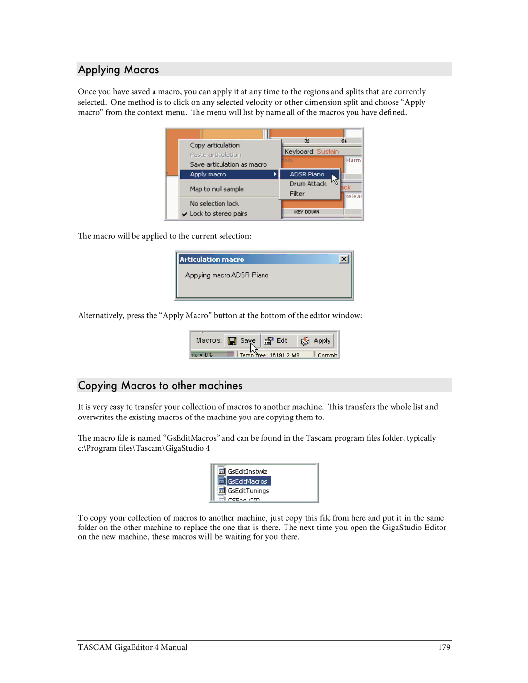 Tascam 4 user manual Applying Macros, Copying Macros to other machines 