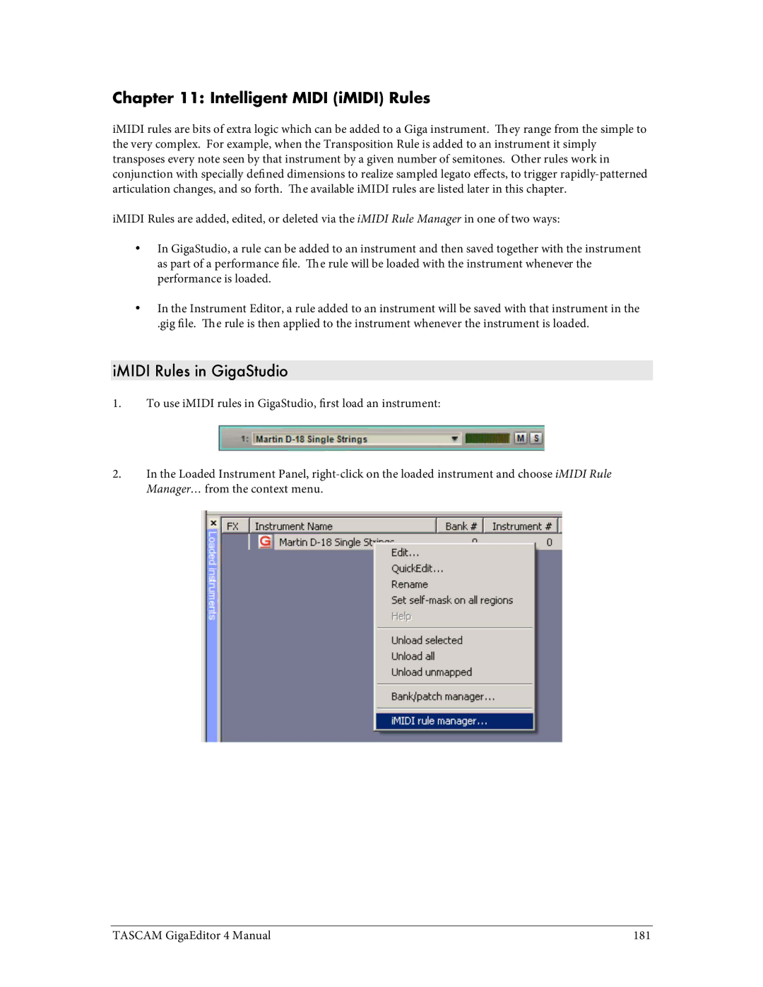 Tascam 4 user manual Intelligent Midi iMIDI Rules, IMIDI Rules in GigaStudio 