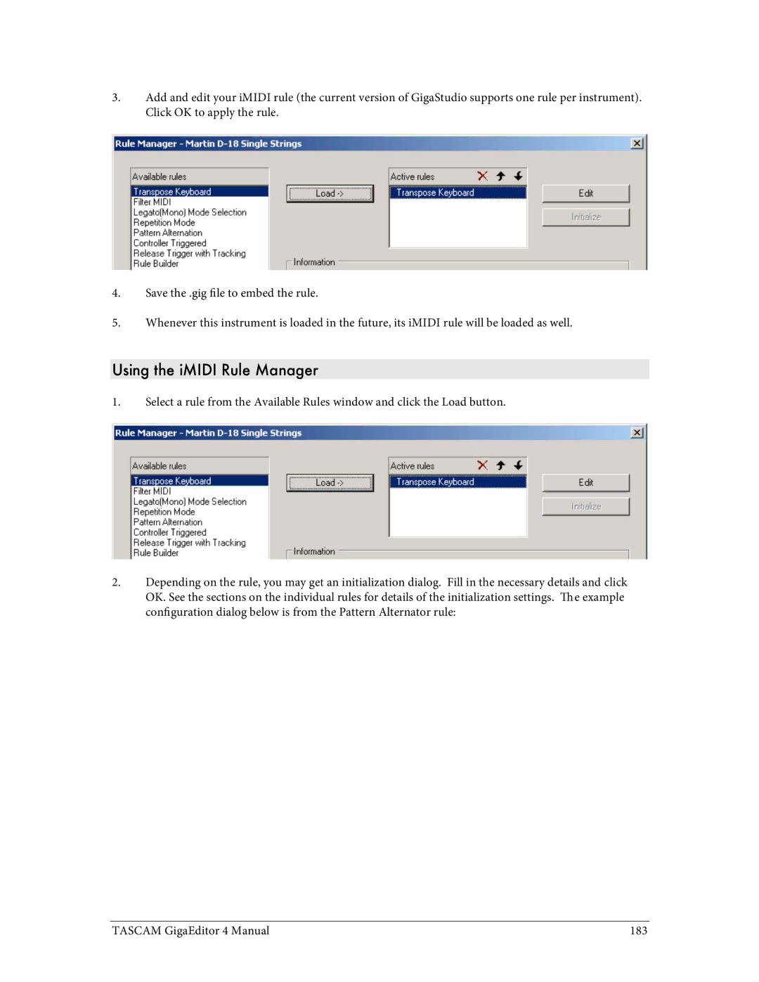 Tascam 4 user manual Using the iMIDI Rule Manager 