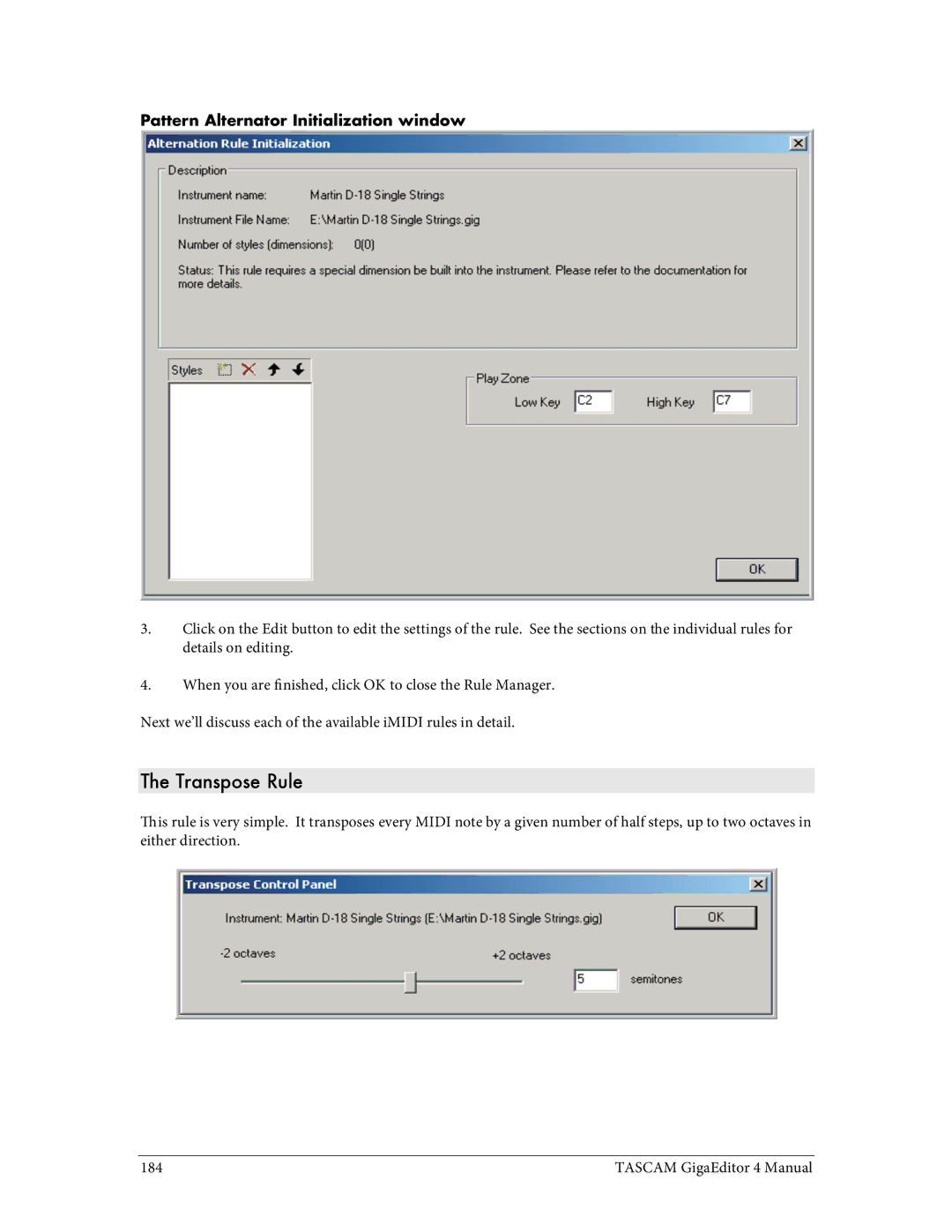 Tascam 4 user manual Transpose Rule, Pattern Alternator Initialization window 