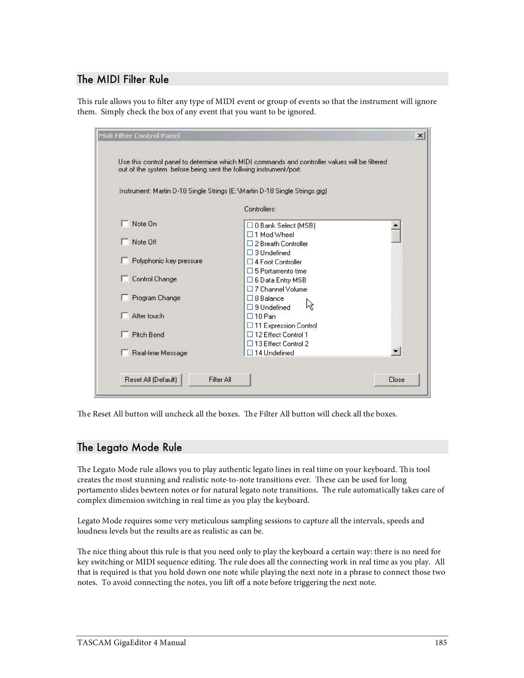 Tascam 4 user manual Midi Filter Rule, Legato Mode Rule 