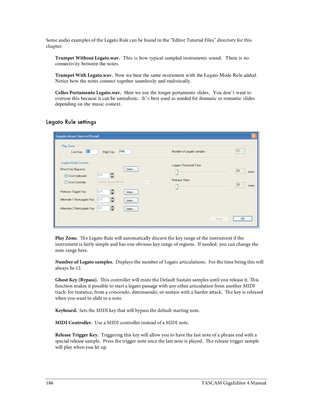 Tascam 4 user manual Legato Rule settings 