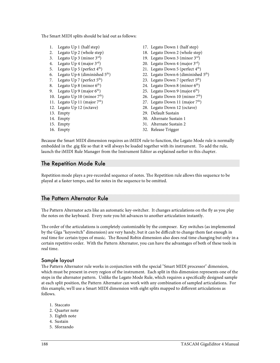 Tascam 4 user manual Repetition Mode Rule, Pattern Alternator Rule, Sample layout 