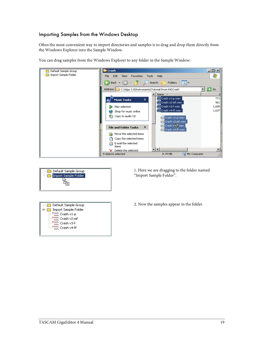 Tascam 4 user manual Importing Samples from the Windows Desktop 