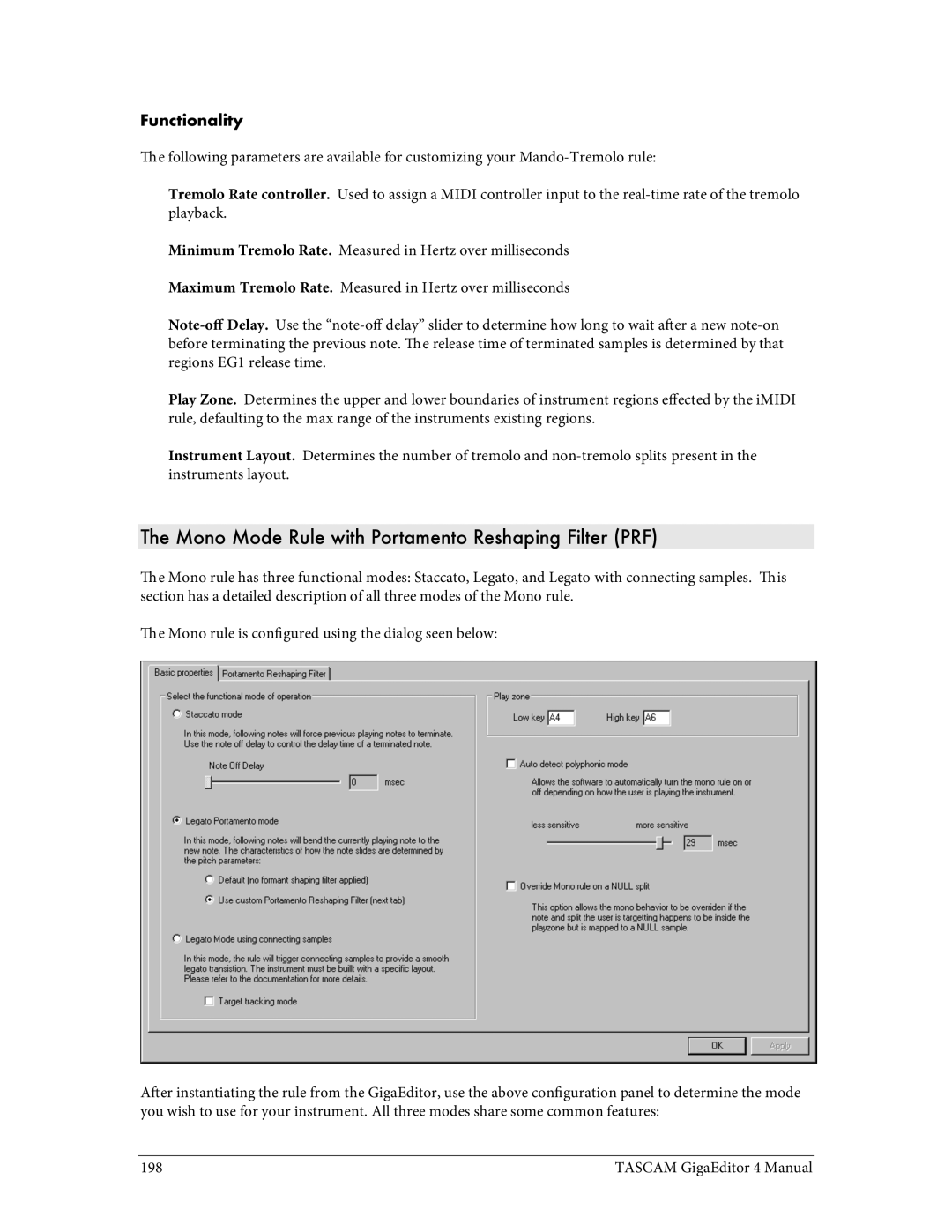 Tascam 4 user manual Mono Mode Rule with Portamento Reshaping Filter PRF, Functionality 