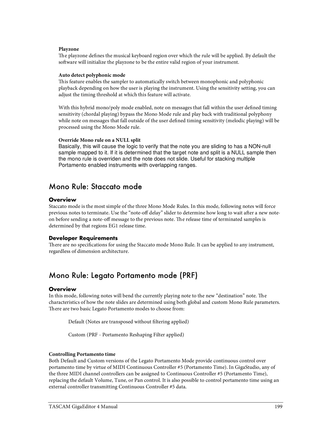 Tascam 4 Playzone, Auto detect polyphonic mode, Override Mono rule on a Null split, Overview, Controlling Portamento time 