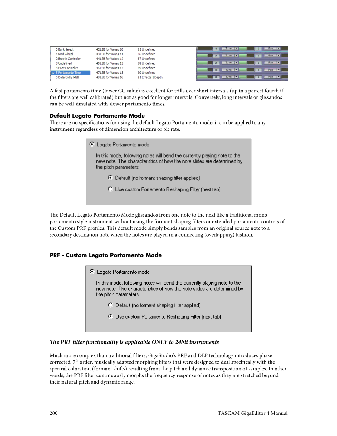 Tascam 4 user manual Default Legato Portamento Mode, PRF Custom Legato Portamento Mode 