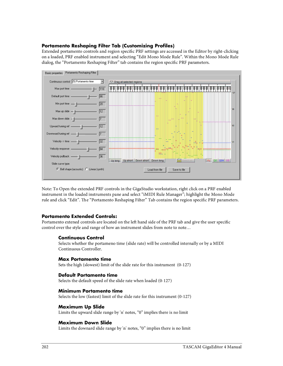 Tascam 4 user manual Portamento Reshaping Filter Tab Customizing Profiles, Portamento Extended Controls, Continuous Control 