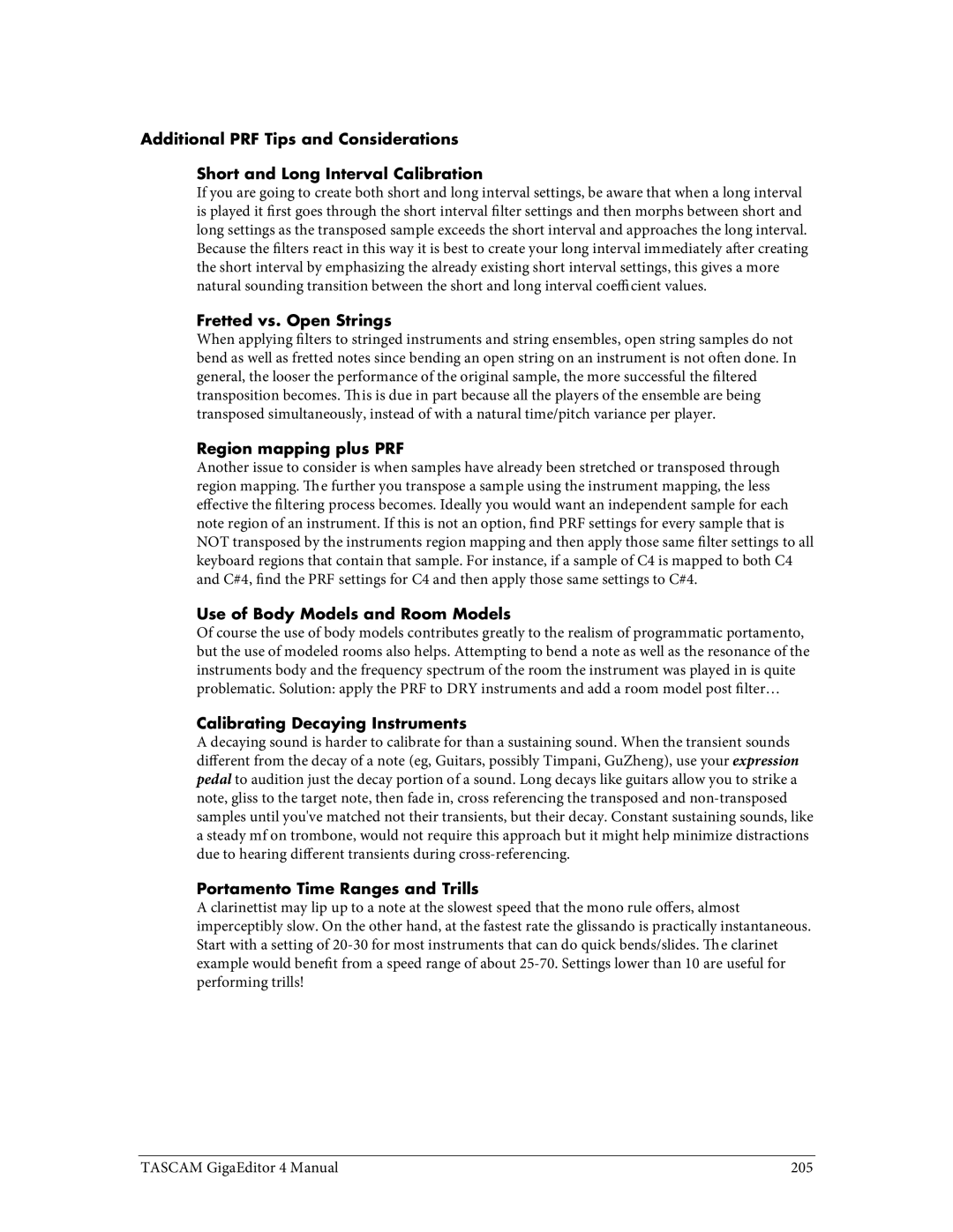 Tascam 4 user manual Fretted vs. Open Strings, Region mapping plus PRF, Use of Body Models and Room Models 