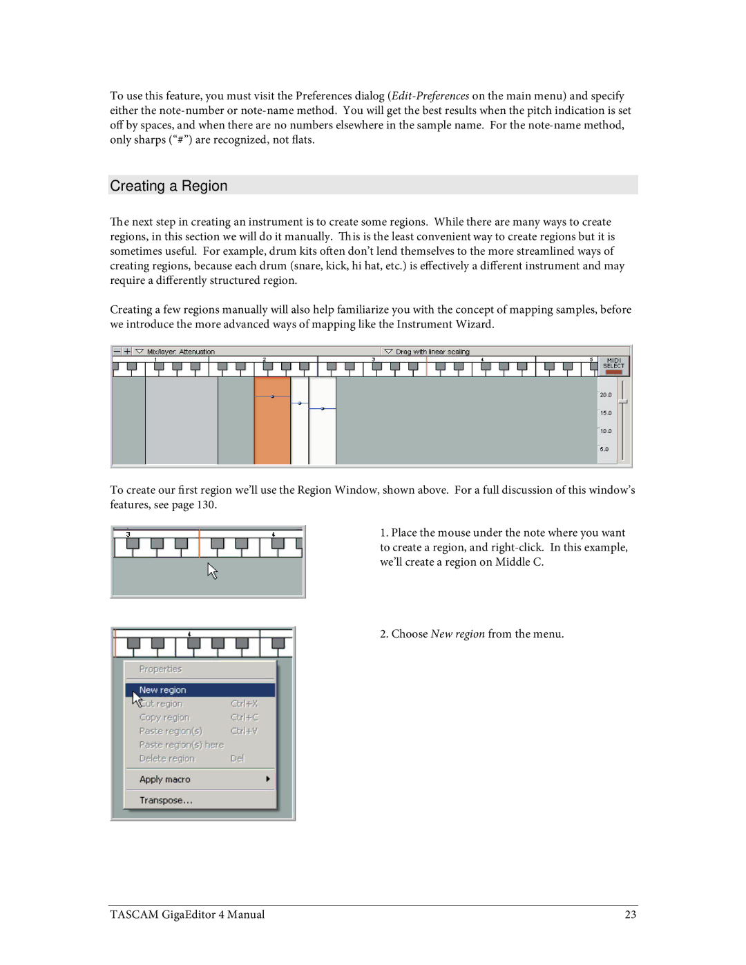 Tascam 4 user manual Creating a Region 