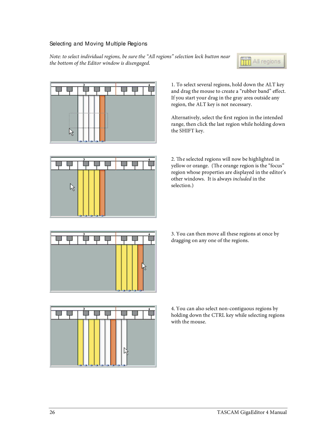 Tascam 4 user manual Selecting and Moving Multiple Regions 