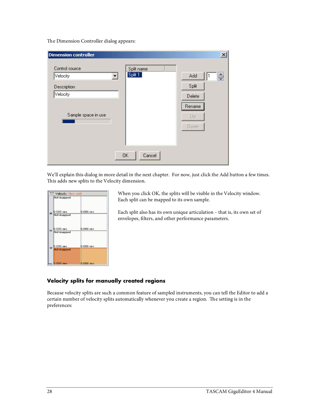 Tascam 4 user manual Velocity splits for manually created regions 