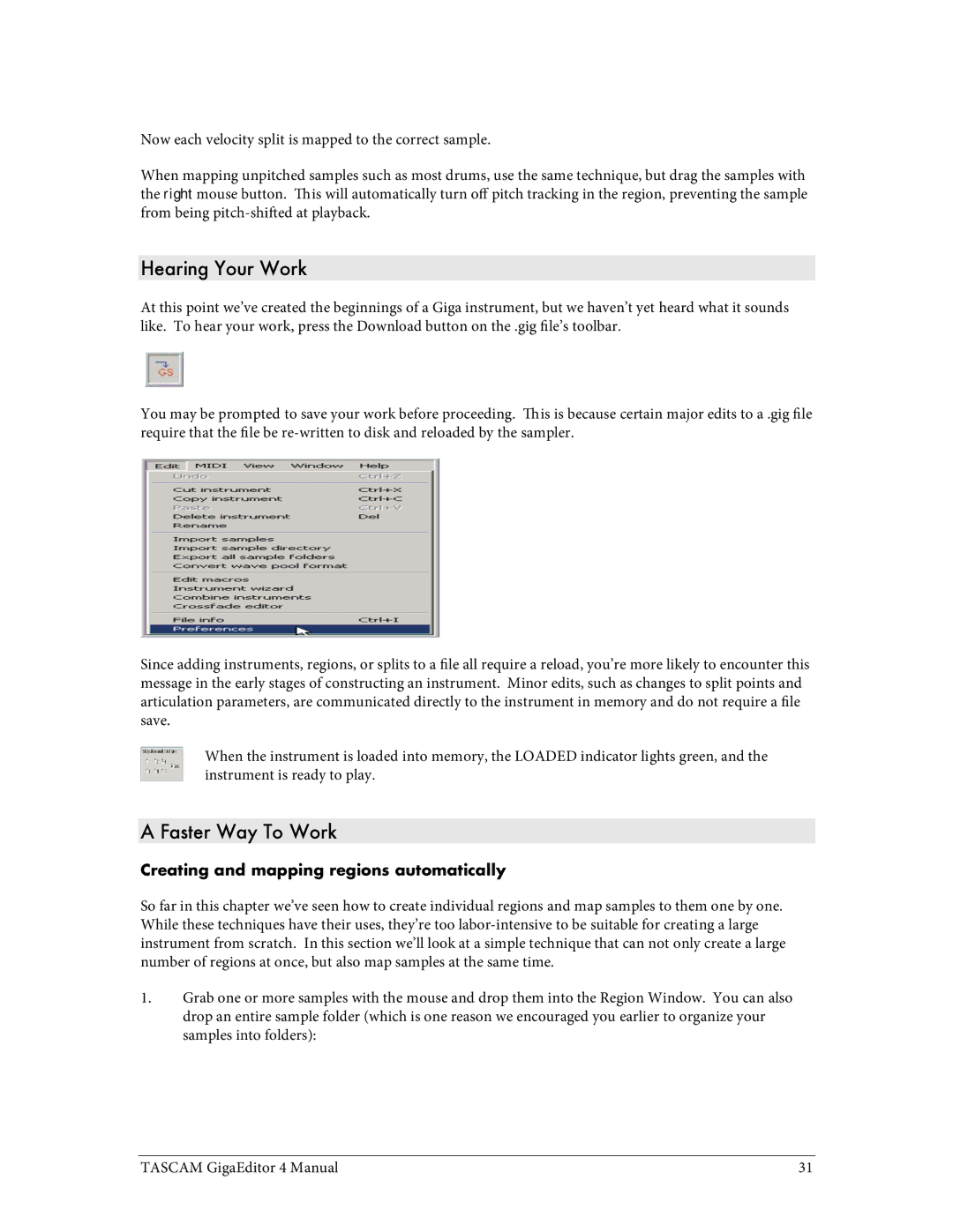 Tascam 4 user manual Hearing Your Work, Faster Way To Work, Creating and mapping regions automatically 