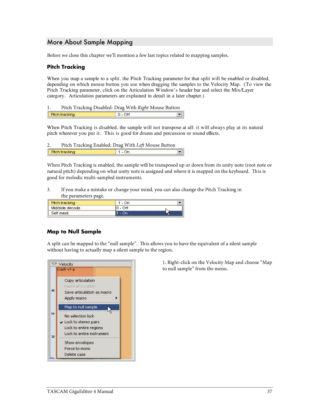 Tascam 4 user manual More About Sample Mapping, Pitch Tracking, Map to Null Sample 