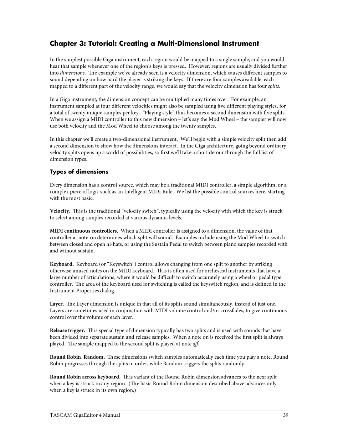 Tascam 4 user manual Tutorial Creating a Multi-Dimensional Instrument, Types of dimensions 