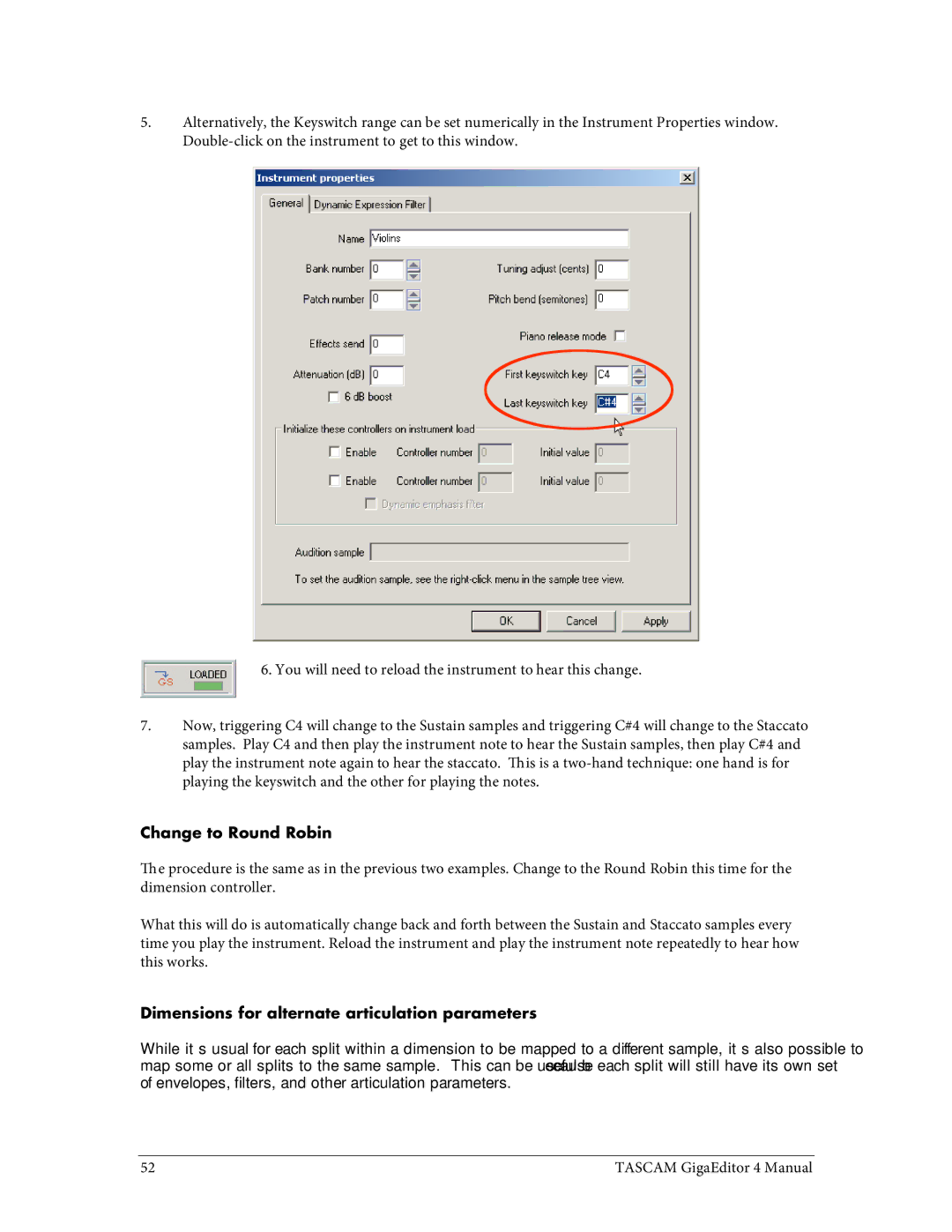 Tascam 4 user manual Change to Round Robin, Dimensions for alternate articulation parameters 