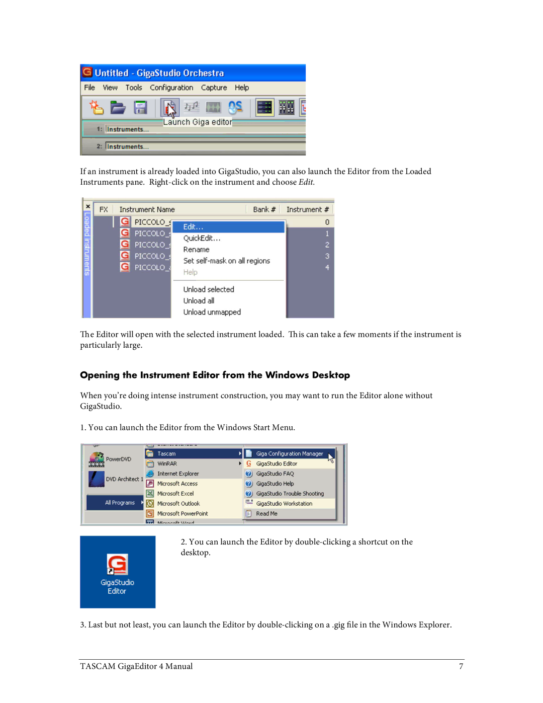 Tascam 4 user manual Opening the Instrument Editor from the Windows Desktop 