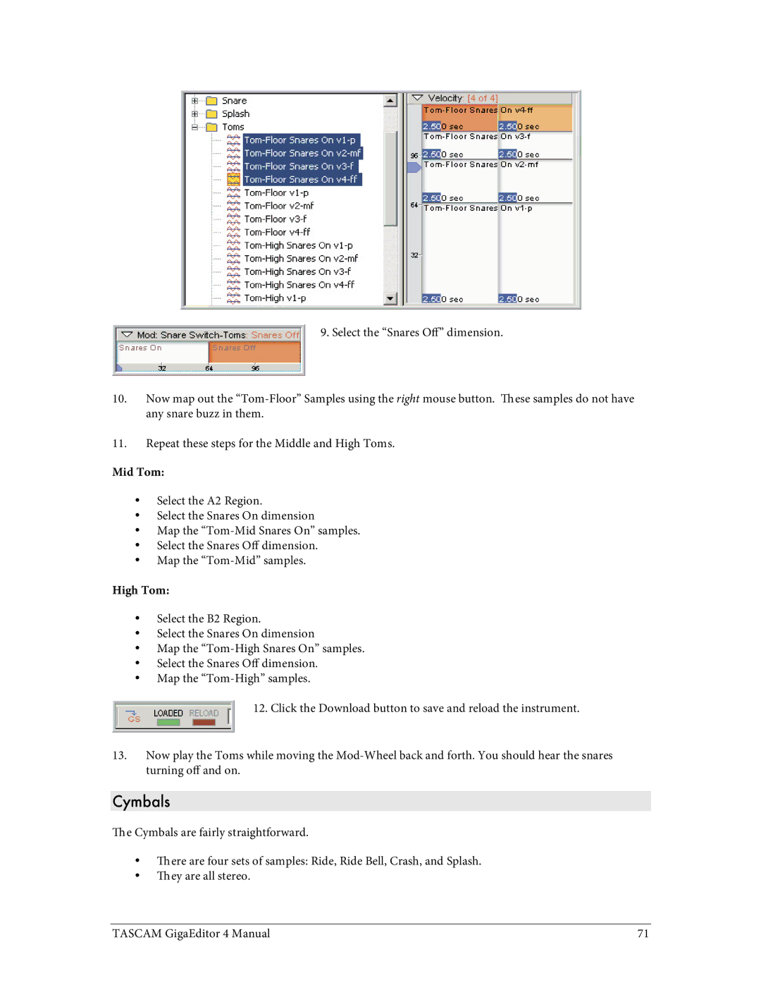 Tascam 4 user manual Cymbals, Mid Tom, High Tom 