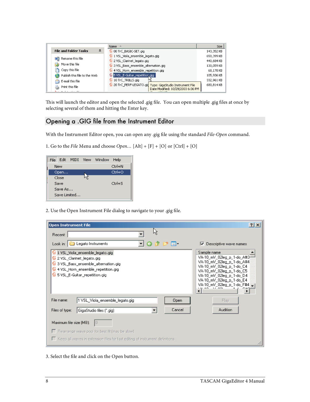 Tascam 4 user manual Opening a .GIG file from the Instrument Editor 