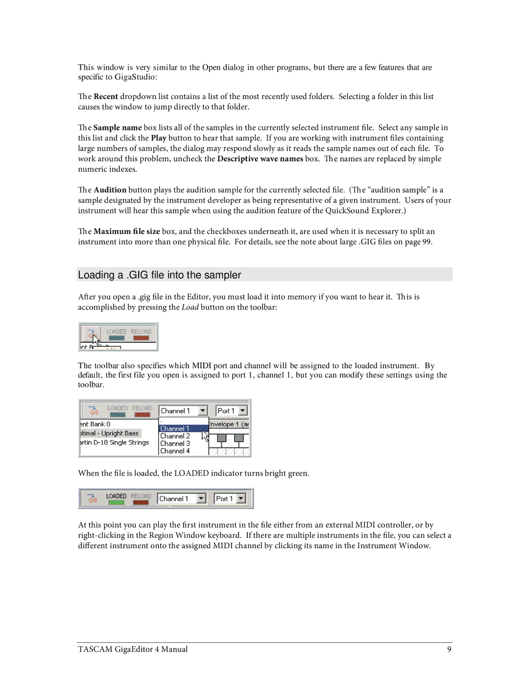 Tascam 4 user manual Loading a .GIG file into the sampler 