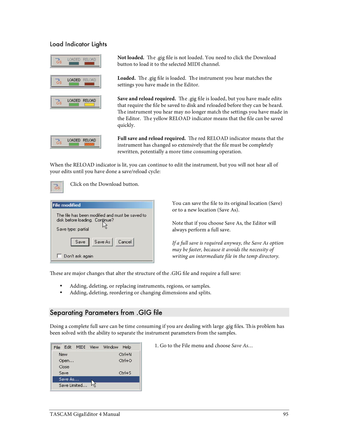 Tascam 4 user manual Separating Parameters from .GIG file, Load Indicator Lights 