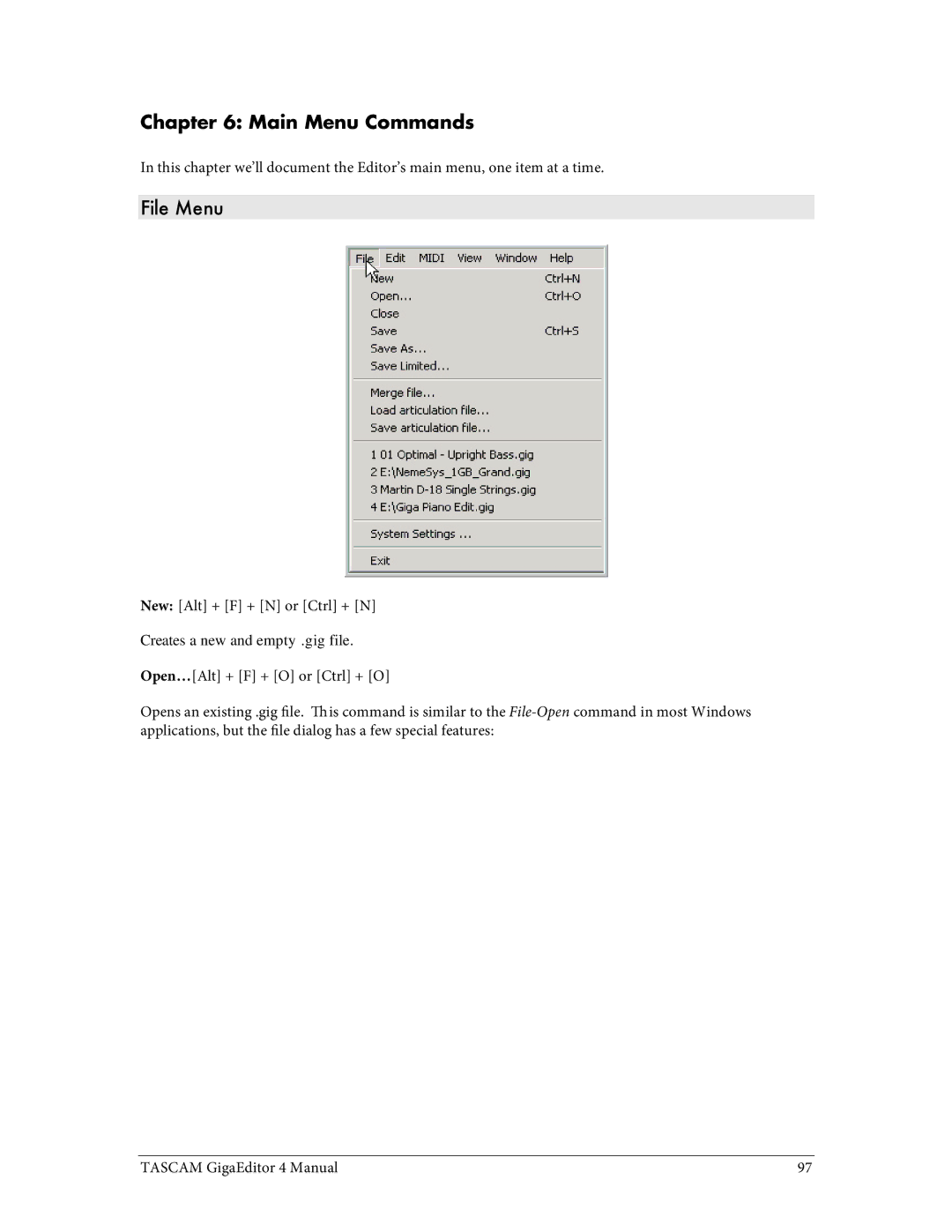 Tascam 4 user manual Main Menu Commands, File Menu 