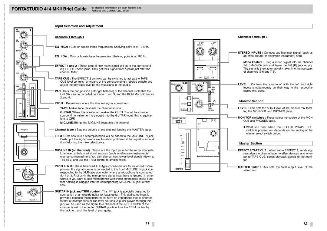 Tascam 414MKII Portastudio 414 Mkii Brief Guide, Input Selection and Adjustment, Monitor Section, Master Section 