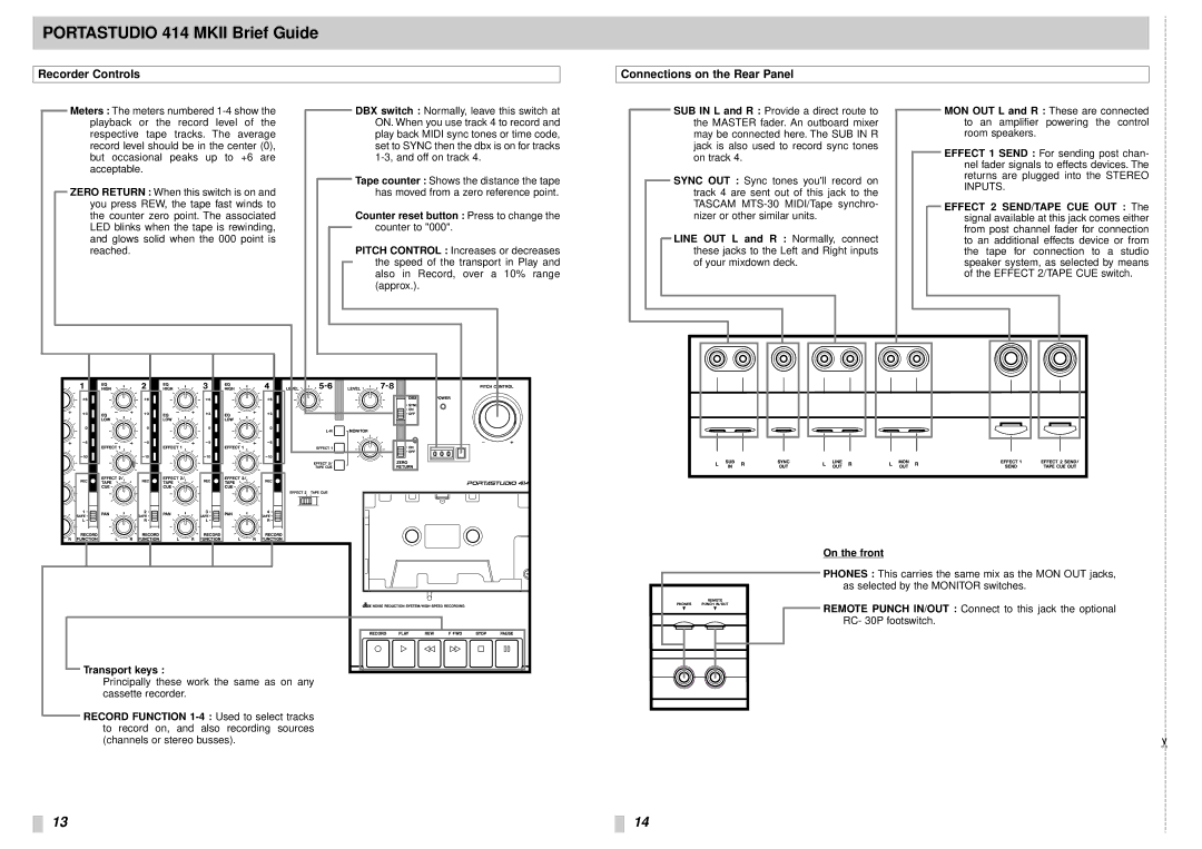 Tascam 414MKII Recorder Controls Connections on the Rear Panel, Counter reset button Press to change the counter to 