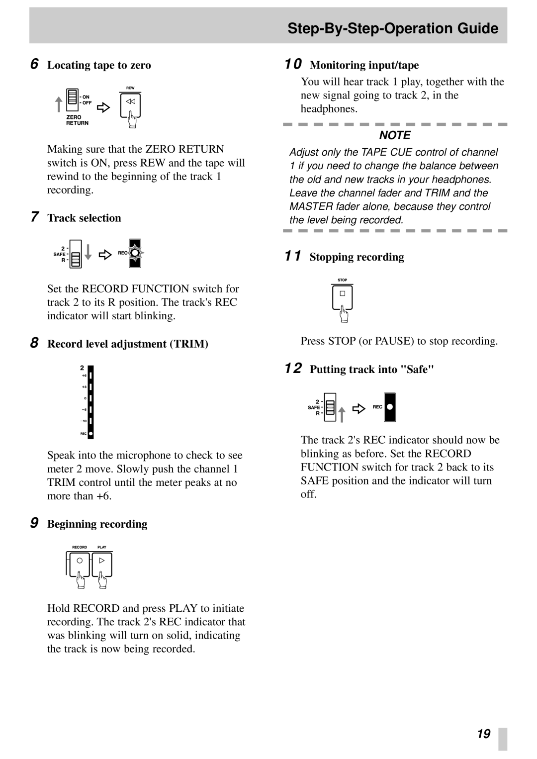 Tascam 414MKII owner manual Track selection, Record level adjustment Trim, Monitoring input/tape 