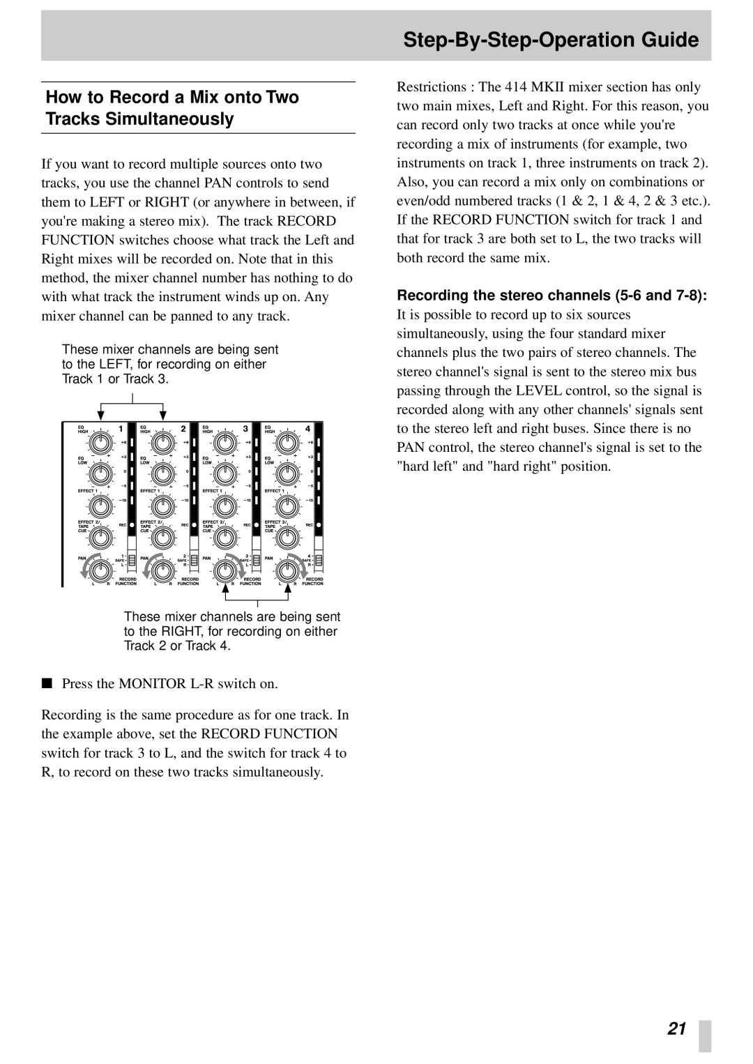 Tascam 414MKII owner manual How to Record a Mix onto Two Tracks Simultaneously, Recording the stereo channels 5-6 